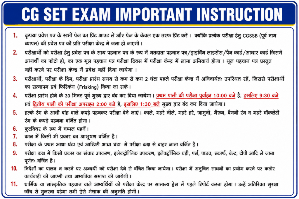 cg set exam important information in hindi